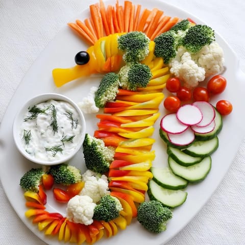 A whimsical Seahorse Veggie Dip Platter: Red peppers, broccoli, and yogurt dip form a healthy snack.