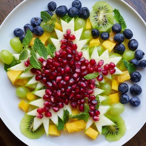 Bright, colorful Pomegranate and Mint Star Fruit Platter, perfect for a fresh and fruity dessert.