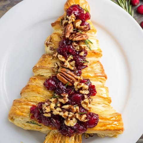Festive holiday appetizer, a warm Brie en Croûte Pine Tree, ready to be served with crackers and wine.