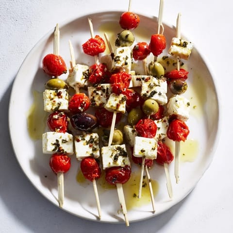 Freshly assembled Holiday Cheers Olive and Feta Skewers, showing bright red cherry tomatoes and green olives, perfect appetizers.