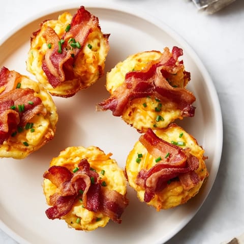 Baked Scrambled Egg Cups with bacon strips, offering a savory breakfast side, warm and delicious.