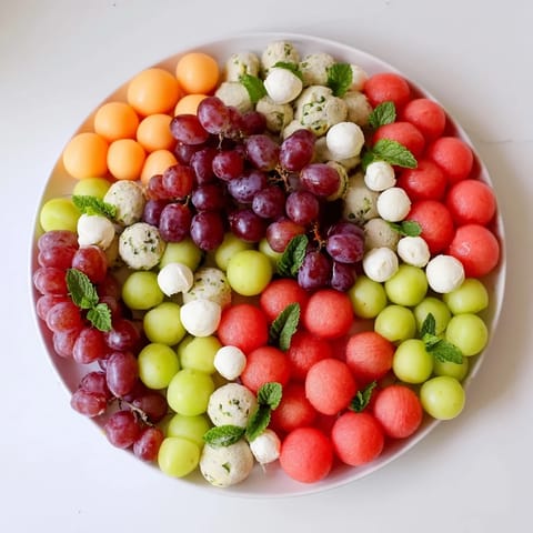 Chilled Polka Dot Platter featuring sweet melon balls, grapes, and mozzarella, ideal for summer gatherings.