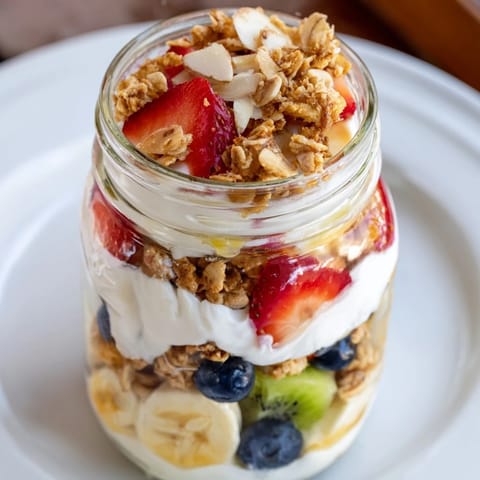 A beautiful Layered Yogurt Fruit Parfait overflowing with fresh, colorful fruit and crunchy granola.