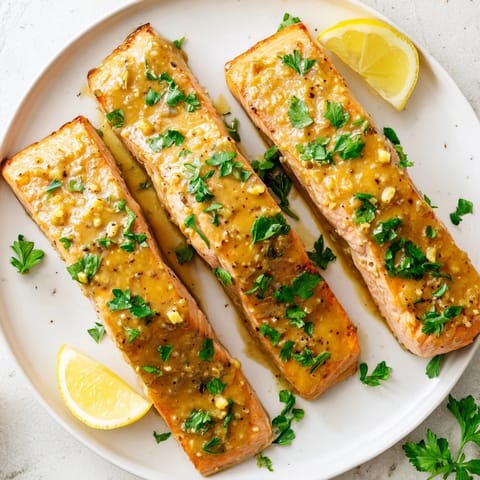 Oven-baked Honey Mustard Salmon served with fresh parsley garnish, ready for a delicious, healthy dinner.