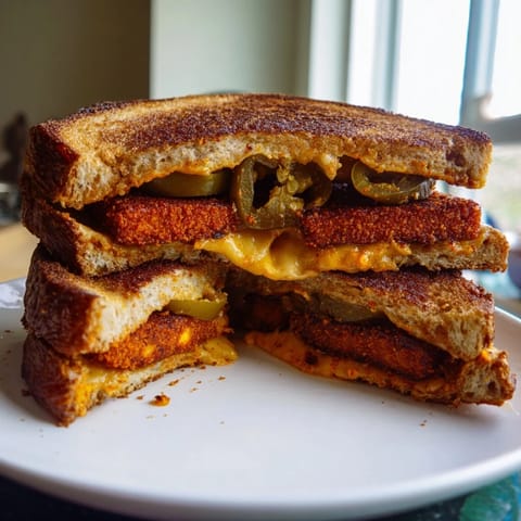 Toasted sourdough surrounds flavorful Spicy Crispy Tofu Grilled Cheese, offering a satisfying vegan meal.