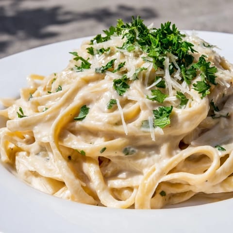 Smooth, blended cottage cheese Alfredo sauce, enhanced with Parmesan, waiting to be tossed with fettuccine.