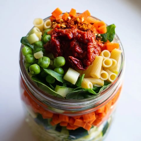 A close-up of a jar filled with fresh ingredients making delicious, easy Minestrone Soup, ready to cook.