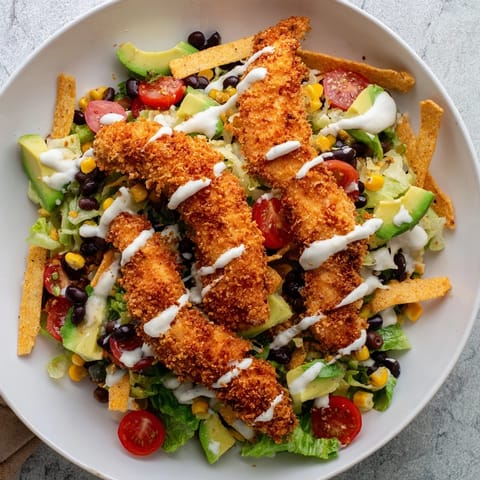 Crispy Chicken Taco Salad with crunchy tortilla strips, diced avocado, and black beans in a vibrant bowl. Drizzled with creamy salsa ranch dressing, perfect for a satisfying Tex-Mex lunch or dinner.