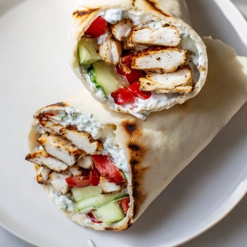 A Greek Chicken Wrap filled with juicy marinated chicken, crisp veggies, and cool tzatziki sauce on warm pita.
