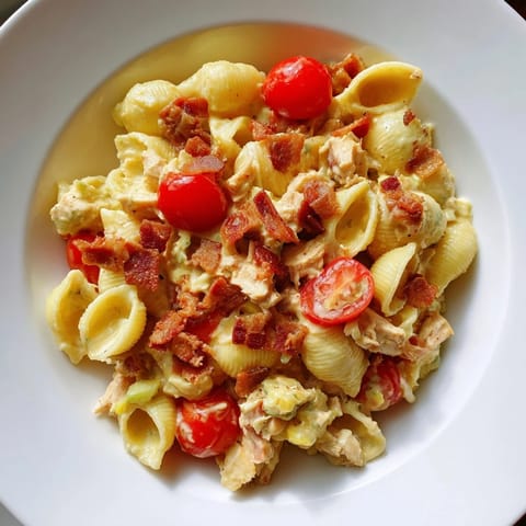This vibrant BLT Chicken Pasta Salad showcases smoky bacon crumbles, tender pasta shells, and a light creamy dressing drizzled over.  