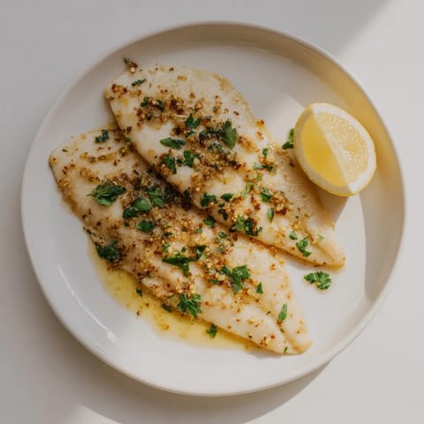 A close-up of crispy flounder meunière, garnished with parsley and lemon wedges on a white plate.  