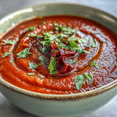 Vibrant, warm roasted red pepper soup, perfect with crusty bread.