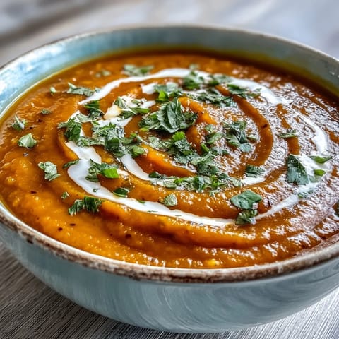 Warming carrot and lentil soup, simmered with spices, ready to serve.