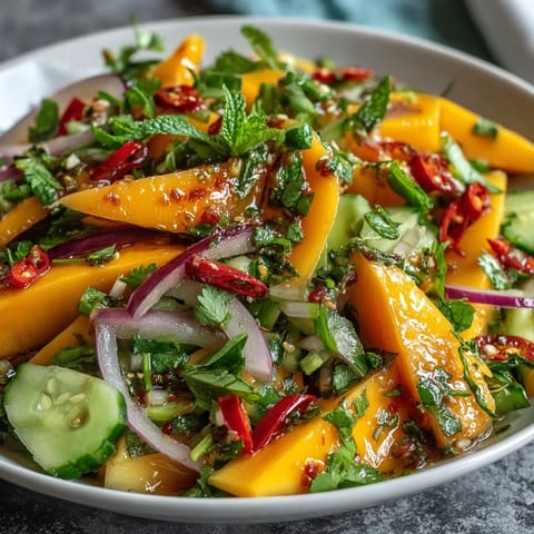 A close-up of the Refreshing Mango Salad with Lime Dressing featuring juicy mango, red bell pepper, and chilies.