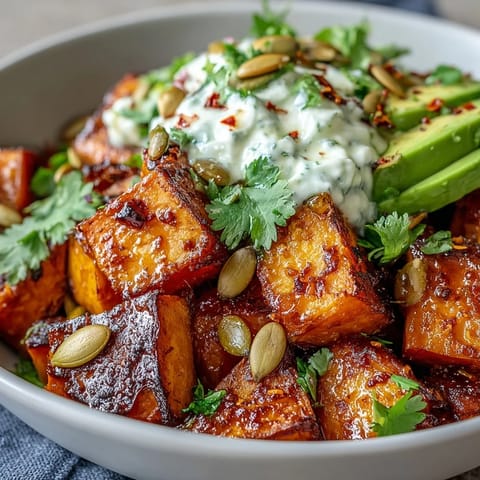 A close-up view of crispy-edged sweet potatoes topped with avocado and cottage cheese, finished with a vibrant drizzle of hot honey.