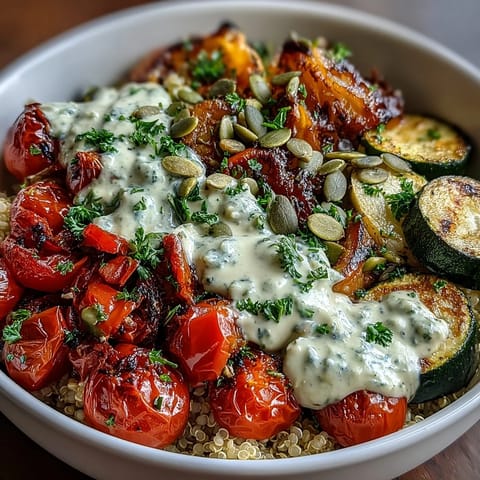 Sheet pan style Roasted Vegetable Quinoa Bowl served warm with a side of lemony tahini sauce