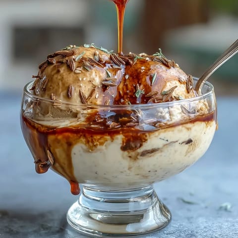 Scoop of French vanilla ice cream topped with steaming hojicha and toasted sesame seeds.