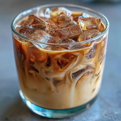 Clear glass filled with Iced Hojicha with Cinnamon, creamy layered tea over ice with a light cinnamon dusting.
