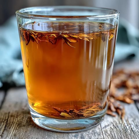 A warm cup of Hojicha Americano with deep amber color and fragrant roasted tea aroma, perfect for a cozy afternoon.  