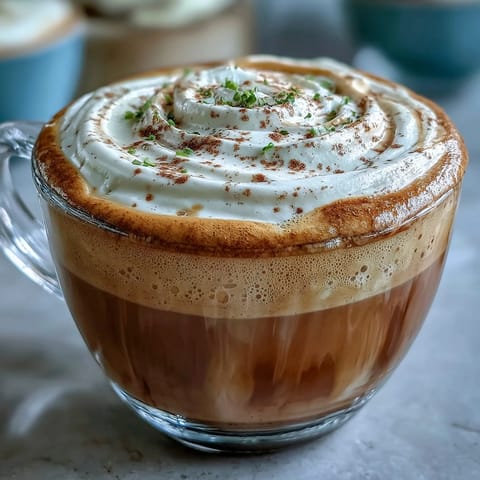 Hojicha Macchiato in a white espresso cup, topped with a dollop of frothy steamed milk and a cozy aroma.