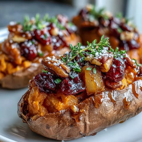 Roasted Cranberry Apple Twice Baked Sweet Potatoes, served warm on a rustic plate garnished with fresh thyme and maple syrup.