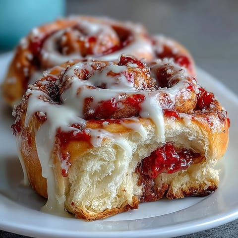 Freshly baked Strawberry Cinnamon Rolls with a pink cream cheese glaze on a rustic wooden board, served warm for breakfast.
