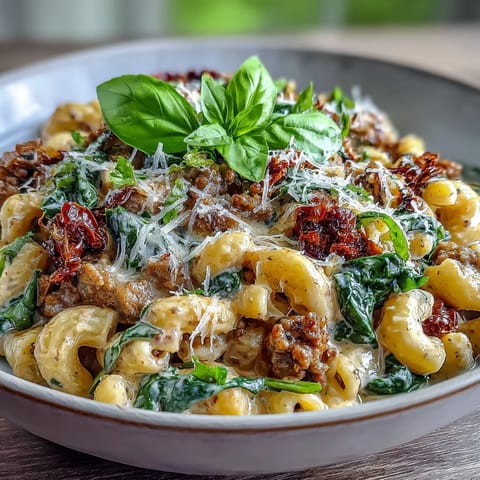 Forkful of Creamy Tuscan Chili Mac with sun-dried tomatoes and ground beef, steaming on a dinner plate.