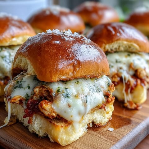 Golden-brown Pesto Chicken Parmesan Sliders baked on a sheet pan, melty mozzarella stretching from the toasted brioche buns.