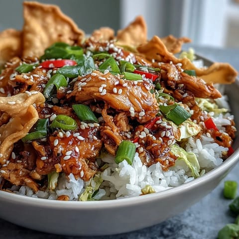 A deconstructed Crispy Baked Egg Roll Chicken Bowl featuring sautéed ground chicken and crunchy cabbage inside a ceramic bowl.