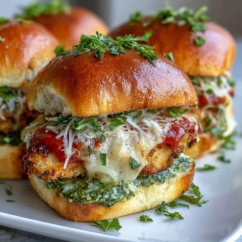 Golden Pesto Chicken Parmesan Sliders on mini brioche buns are baked until bubbly and served hot.