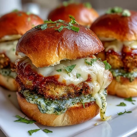 Two Pesto Chicken Parmesan Sliders are arranged on a rustic wooden board, garnished with fresh parsley.