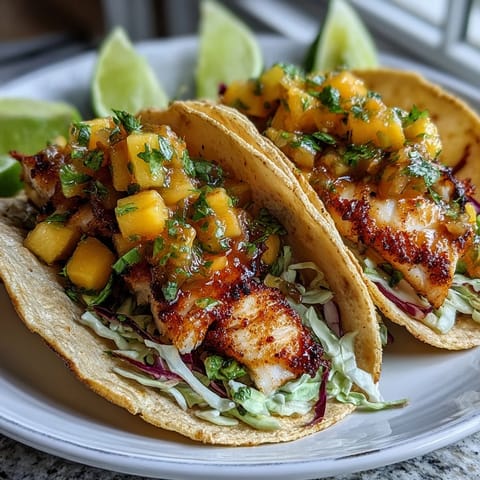 Golden pan-seared tilapia in warm corn tortillas, topped with vibrant mango salsa and crunchy red cabbage for fresh fish taco night.