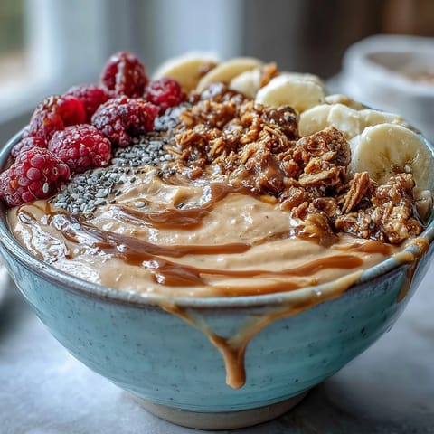 Creamy Vegan Peanut Butter Banana Protein Smoothie Bowl topped with sliced bananas, fresh berries, and crunchy granola, served in a white bowl for a nutritious breakfast.
