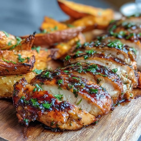 Grilled Honey Mustard Chicken with Roasted Sweet Potato Wedges served on a rustic wooden platter, garnished with fresh parsley.