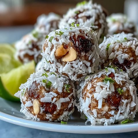 Freshly rolled Vegan Coconut Lime Energy Balls coated in shredded coconut and filled with dates and cashews, ready to chill.
