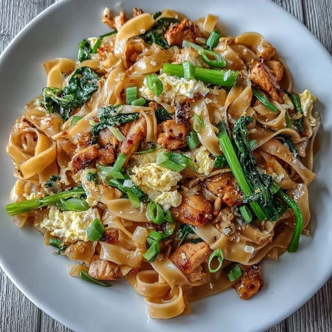 1. Authentic Thai Pad See Ew with tender chicken, Chinese broccoli, and wide rice noodles in savory-sweet sauce.  