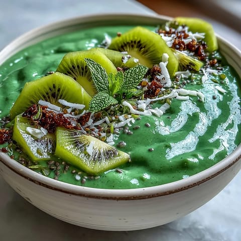 Creamy vegan smoothie bowl packed with spinach, frozen mango, and pineapple, garnished with coconut flakes and hemp seeds.