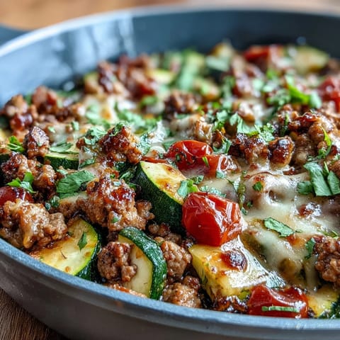Vibrant One-Pot Turkey Taco Zucchini Skillet with lean ground turkey, fresh vegetables, and melted cheddar cheese in a single pan.  