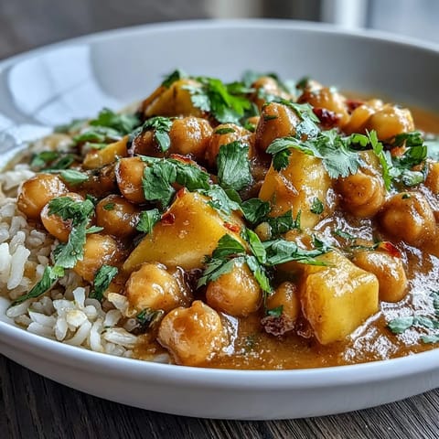 Quick 20-minute vegan curry featuring chickpeas, mango, and coconut milk served over fragrant rice for a satisfying meal.  