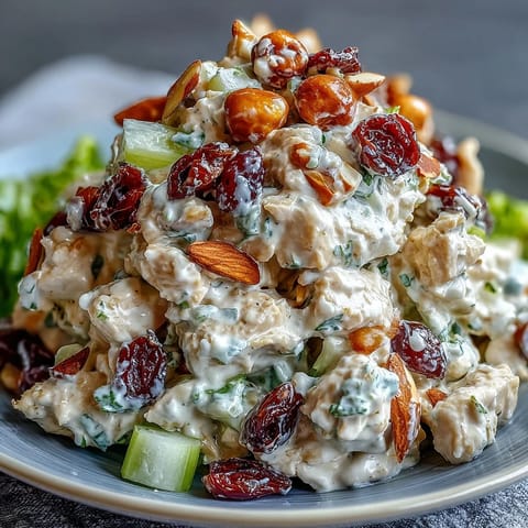 Creamy plant-based chicken salad featuring flaky chickpeas, crisp celery, and juicy red grapes in a vegan mayo blend.