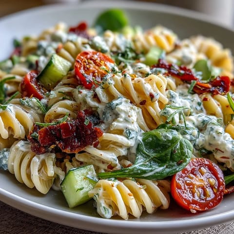 High protein cottage cheese pasta salad with colorful veggies and creamy dressing in a white bowl.  