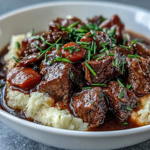 Rich, savory Irish beef stew with lean meat and red wine, ladled over smooth, buttery cauliflower mash.  