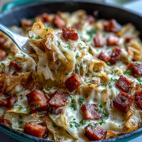 Creamy cabbage and ham skillet with tender cabbage, savory ham, and rich sauce in a large frying pan.  