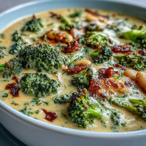 Creamy broccoli and cheddar bean soup in a white bowl with steam rising, garnished with extra shredded cheese and fresh herbs.