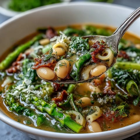 A vibrant bowl of spring minestrone with tender asparagus, white beans, and fresh peas in a fragrant herb broth.