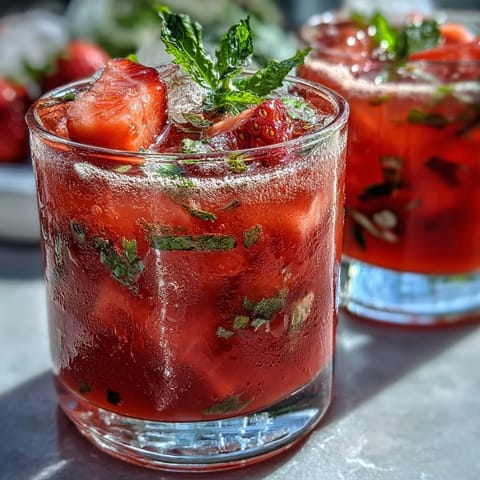 Vibrant red and pink hues of strawberry watermelon daiquiri mocktail served over ice with mint sprigs and lime wheels.  