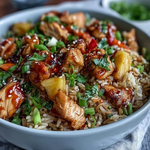 Sweet chili chicken pineapple fried rice with tender chicken, colorful veggies, and juicy pineapple in a zesty sauce.