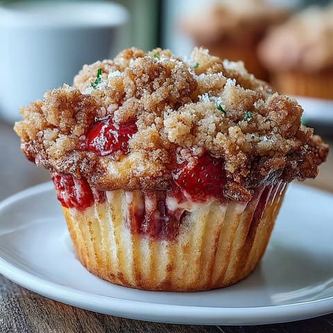 Golden strawberry muffins with buttery crumble and bright lemon zest, perfect for breakfast or brunch.