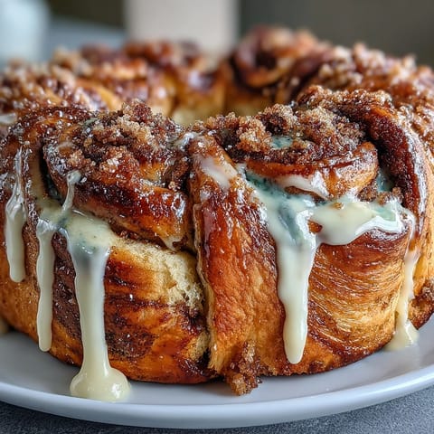 Golden-baked cinnamon roll wreath drizzled with icing and sparkling Mardi Gras-colored sugars for a festive treat.
