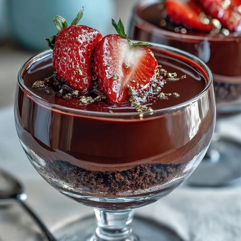 Decadent chocolate and fresh strawberry dessert cups, layered with crushed biscuits and topped with pistachios and edible gold leaf.